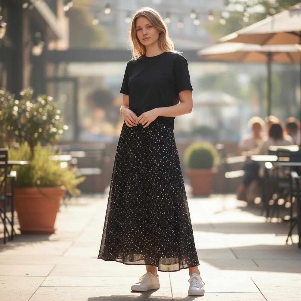 VTG 90s Doncaster Black White Silk Abstract Dot Maxi Skirt Size 8 Medium